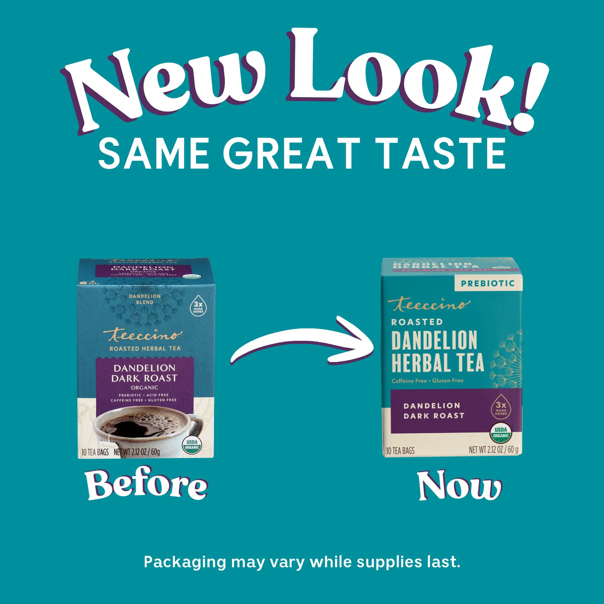 Roasted dandelion herbal tea box, showing 'Prebiotic' label and dark roast design.