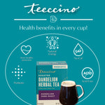 Roasted dandelion herbal tea dark roast box with cup on “Health benefits in every cup” graphic
