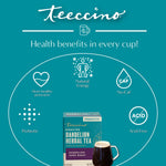 Roasted dandelion herbal tea dark roast box with cup shown on health benefits graphic