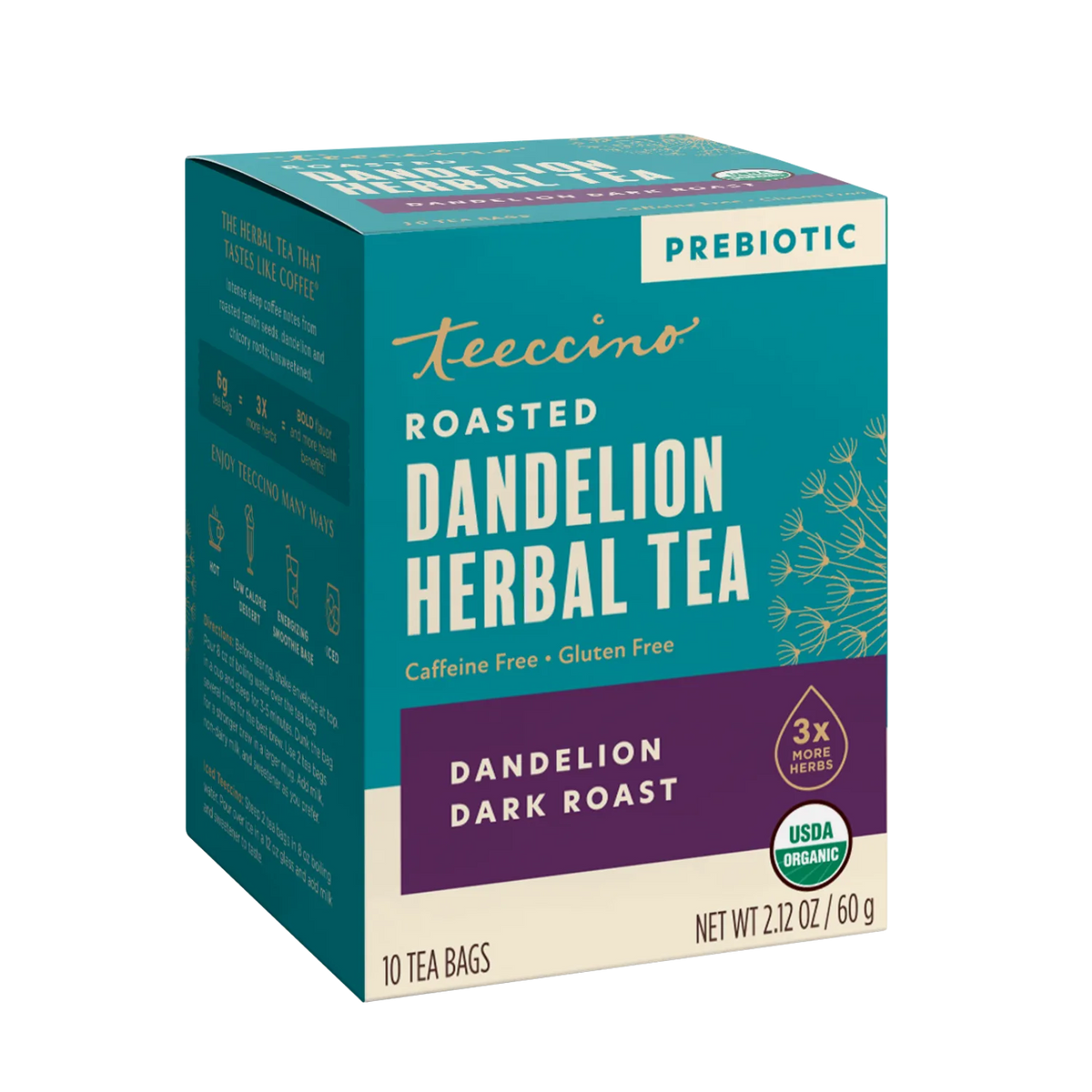 Teecino roasted herbal tea box front view, dandelion dark roast, caffeine-free, 10 tea bags