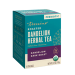 Teecino roasted herbal tea box front view, dandelion dark roast, caffeine-free, 10 tea bags