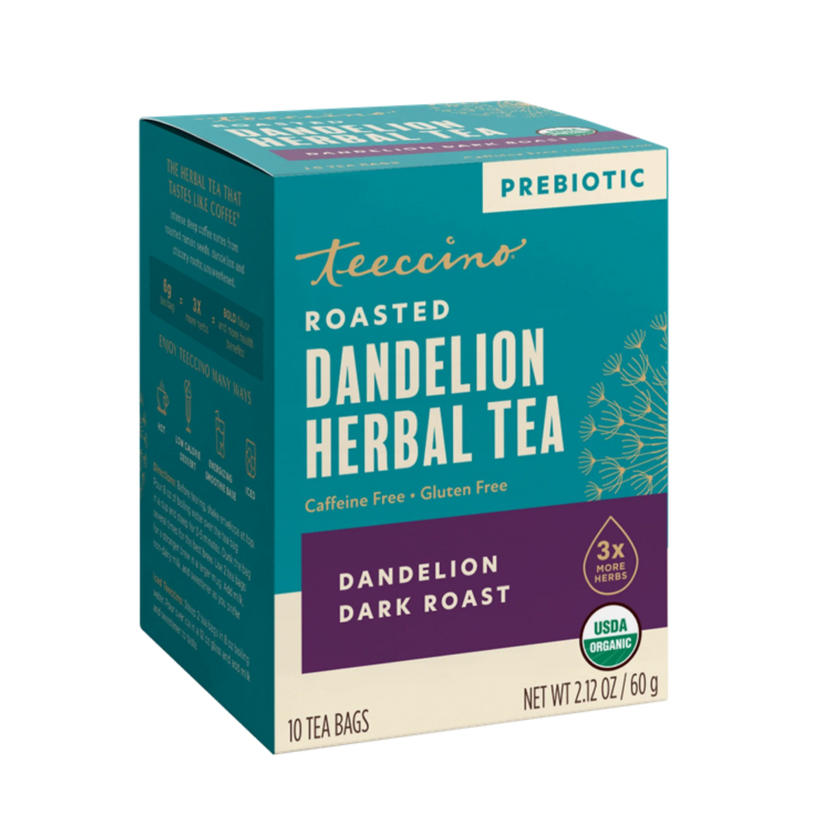 Roasted dandelion herbal tea box with caffeine-free, gluten-free, and 10 tea bags.