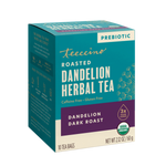 Roasted dandelion herbal tea box with caffeine-free, gluten-free, and 10 tea bags.