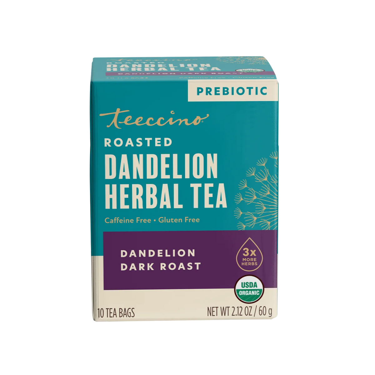 Roasted dandelion herbal tea dark roast box, prebiotic, caffeine free and gluten free labels