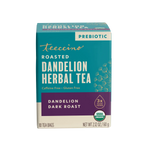 Roasted dandelion herbal tea dark roast box, prebiotic, caffeine free and gluten free labels
