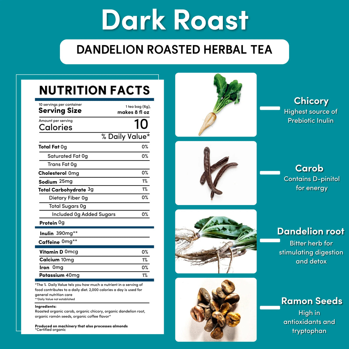 Nutrition facts for dark roast dandelion roasted herbal tea with prebiotic ingredient list