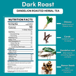 Nutrition facts panel for dandelion roasted herbal tea dark roast with key ingredient icons