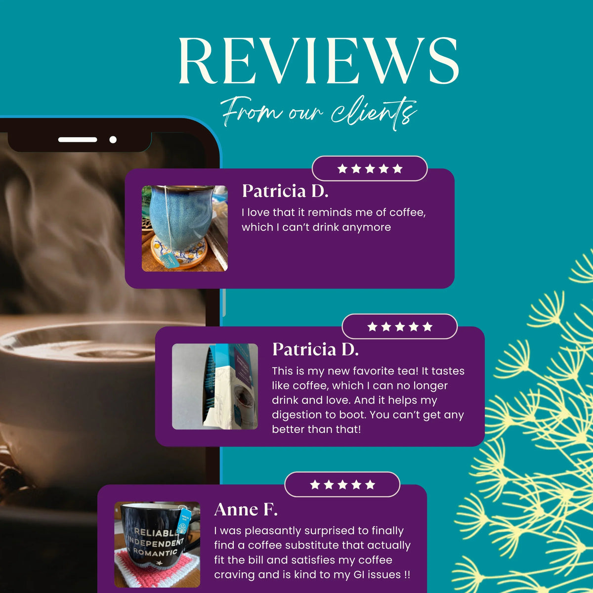 Roasted dandelion dark roast herbal tea review panel with star ratings and customer text