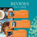 Reviews graphic featuring cups and roasted herbal tea ingredients with customer rating bubbles