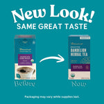 Teecino packaging update graphic showing before and after tea box layouts