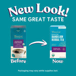 Roasted dandelion herbal tea box comparison showing 'Before' and 'Now' packaging.