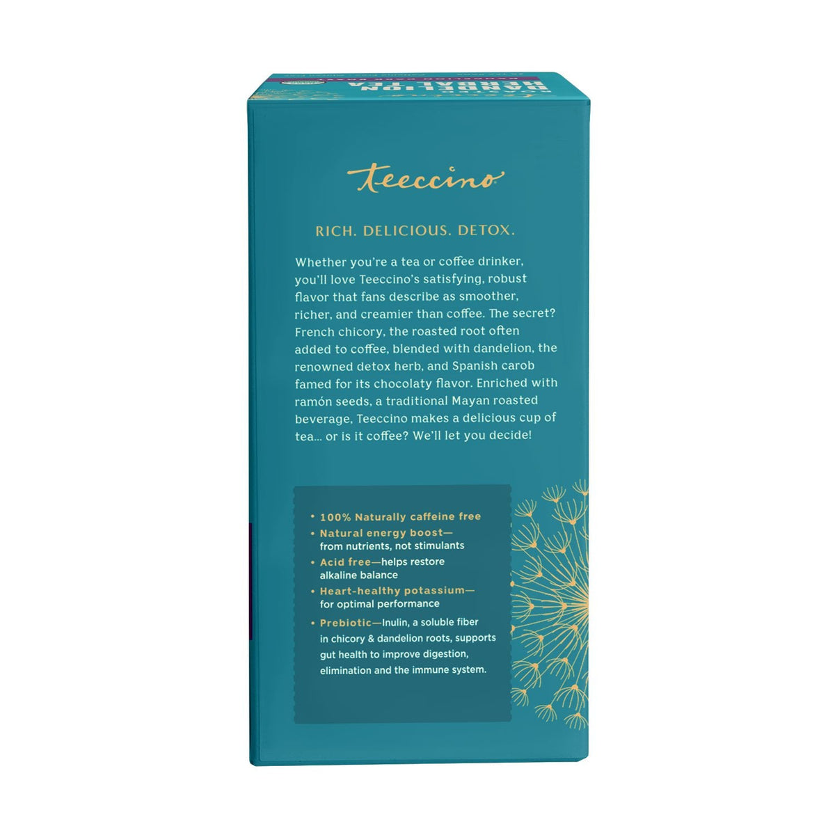 Teecino roasted herbal tea box back panel with product details and benefits text