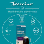 Teecino health benefits graphic featuring dandelion herbal tea box and cup icon