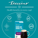 Roasted dandelion herbal tea box with health icons and Acid-Free badge.