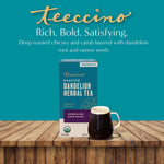 Teecino roasted herbal tea box with dandelion dark roast label and brewed cup