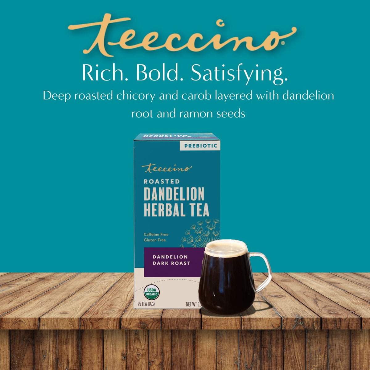 Teecino roasted herbal tea box with dandelion dark roast label and brewed cup