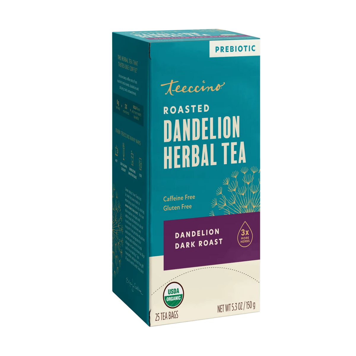 Teecino roasted herbal tea box with dandelion dark roast label and prebiotic badge