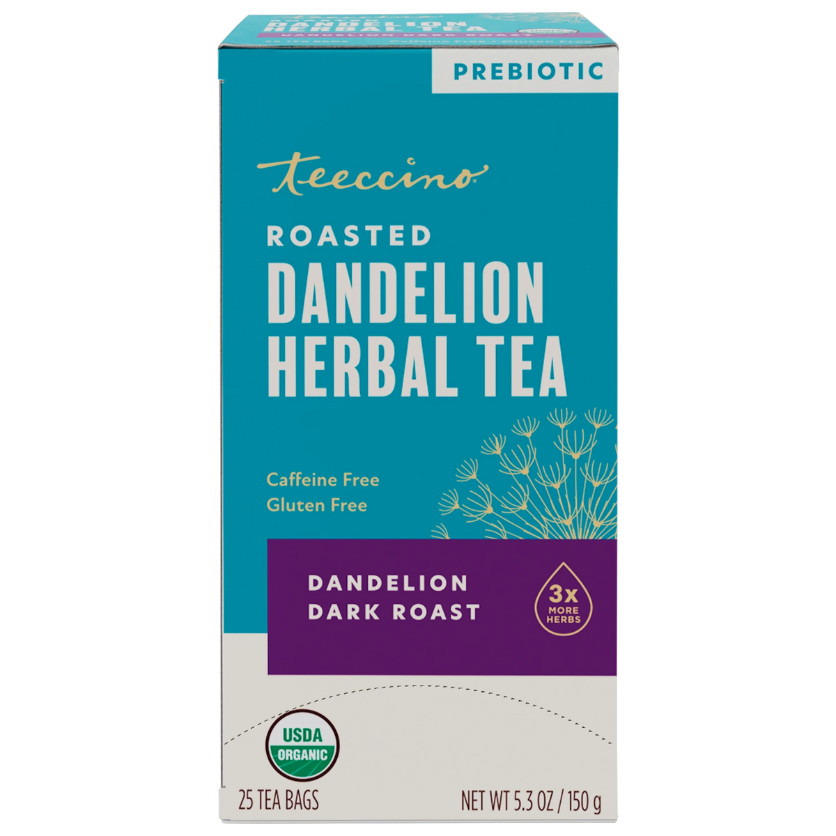 Roasted dandelion herbal tea box with caffeine-free, gluten-free, and 25 tea bags.