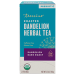 Roasted dandelion herbal tea box with caffeine-free, gluten-free, and 25 tea bags.