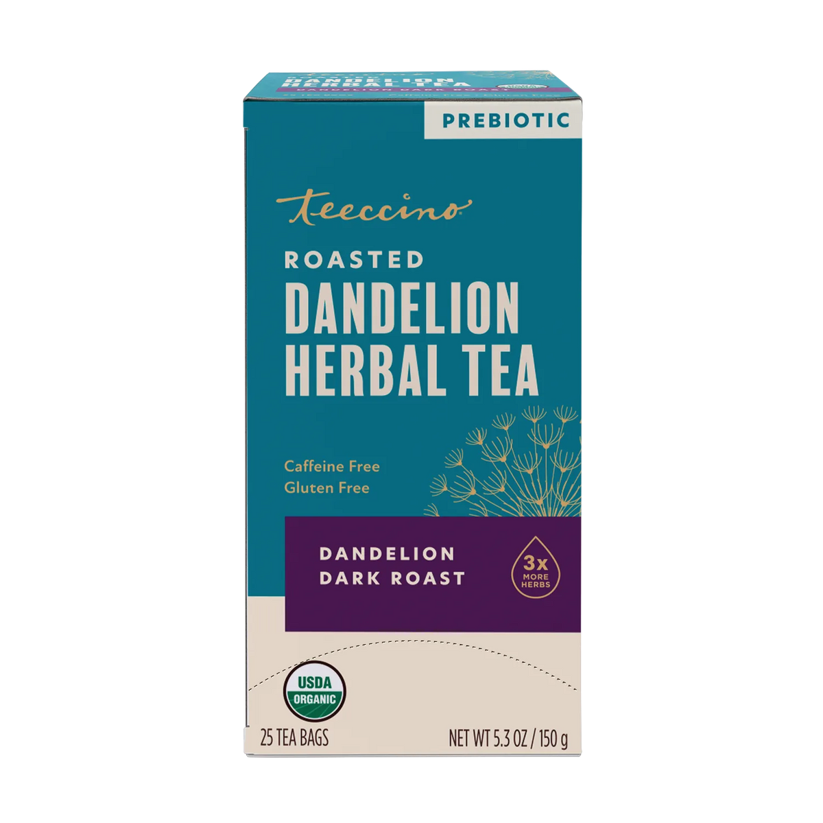 Teecino prebiotic roasted dandelion herbal tea box, dark roast, 25 tea bags, organic