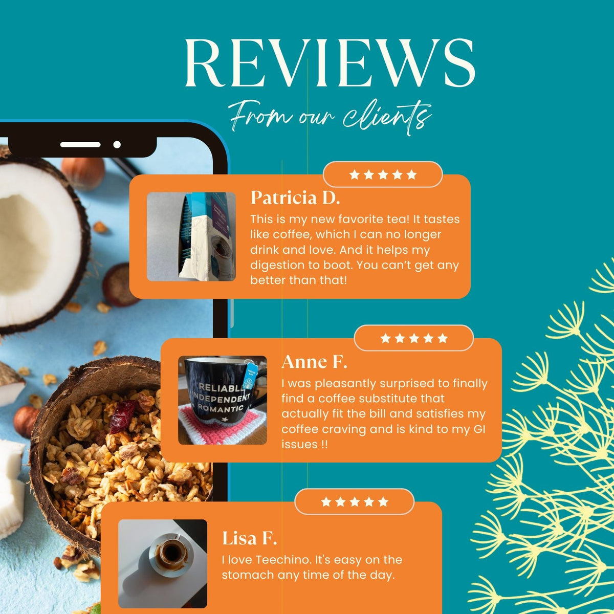 Roasted dandelion dark roast herbal tea review panel with star ratings and quotes