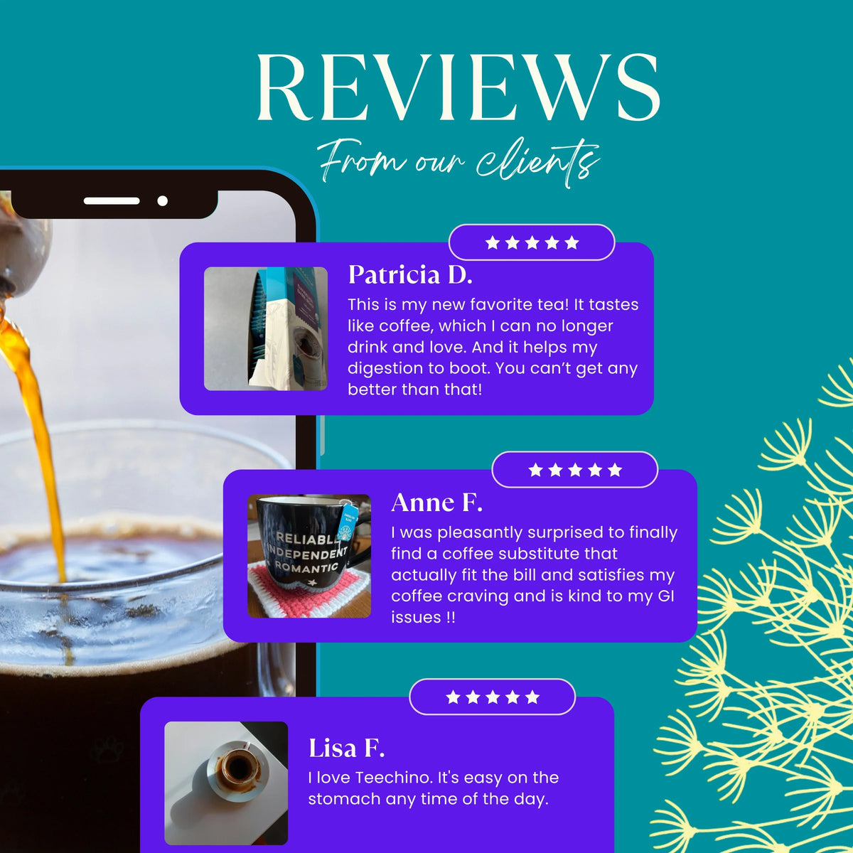 Roasted dandelion dark roast herbal tea review panel with star ratings and customer quotes
