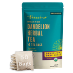 Roasted dandelion herbal tea box with 50 tea bags and 'Dandelion Dark Roast' label.