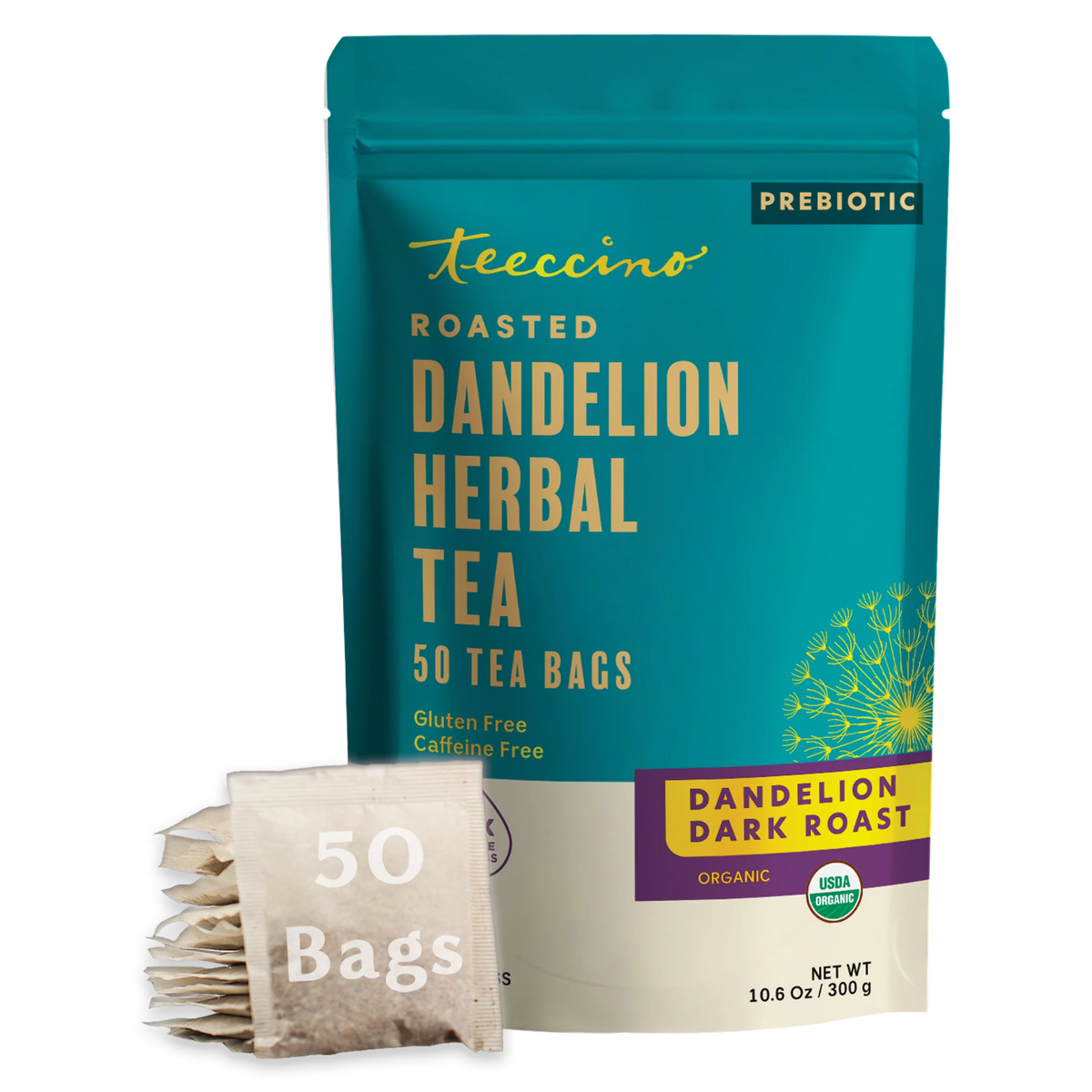 Roasted dandelion herbal tea box with 50 tea bags and 'Dandelion Dark Roast' label.