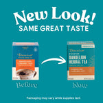 Roasted dandelion herbal tea packaging comparison, new look graphic