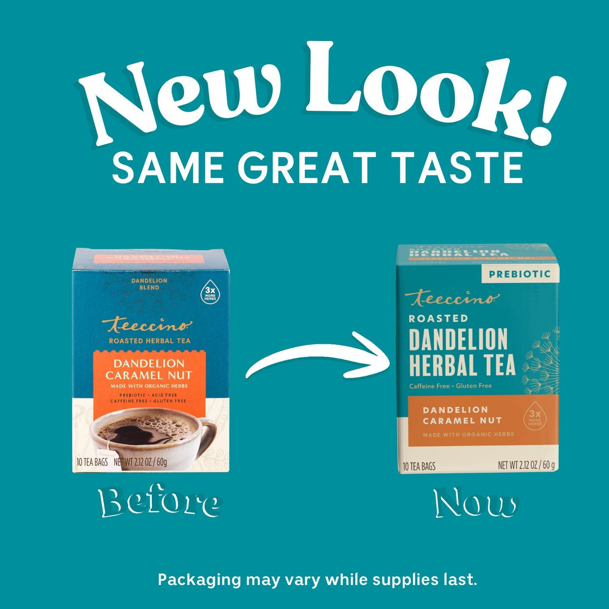 Roasted dandelion herbal tea packaging comparison, new look graphic