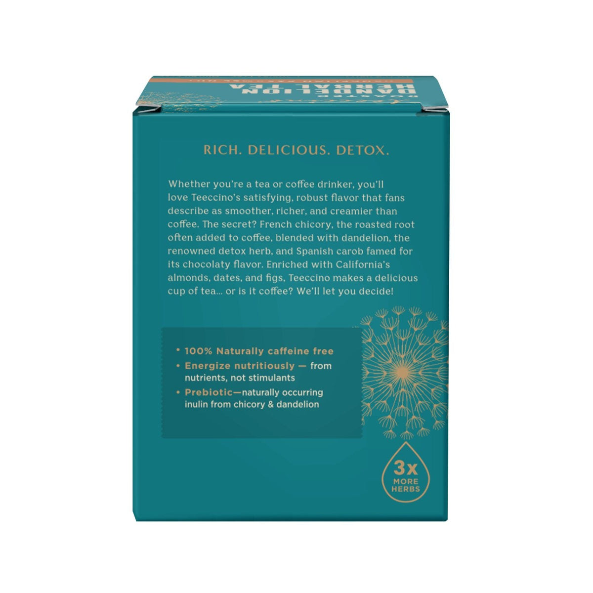 Roasted dandelion herbal tea box back panel with ingredients and claims