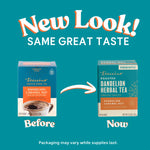 Roasted dandelion herbal tea packages, before/now comparison for caramel nut flavor