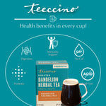 Teecino roasted dandelion herbal tea box with caramel nut, shown with filled tea mug
