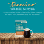 Teecino roasted dandelion herbal tea box with caramel nut, served in glass mug