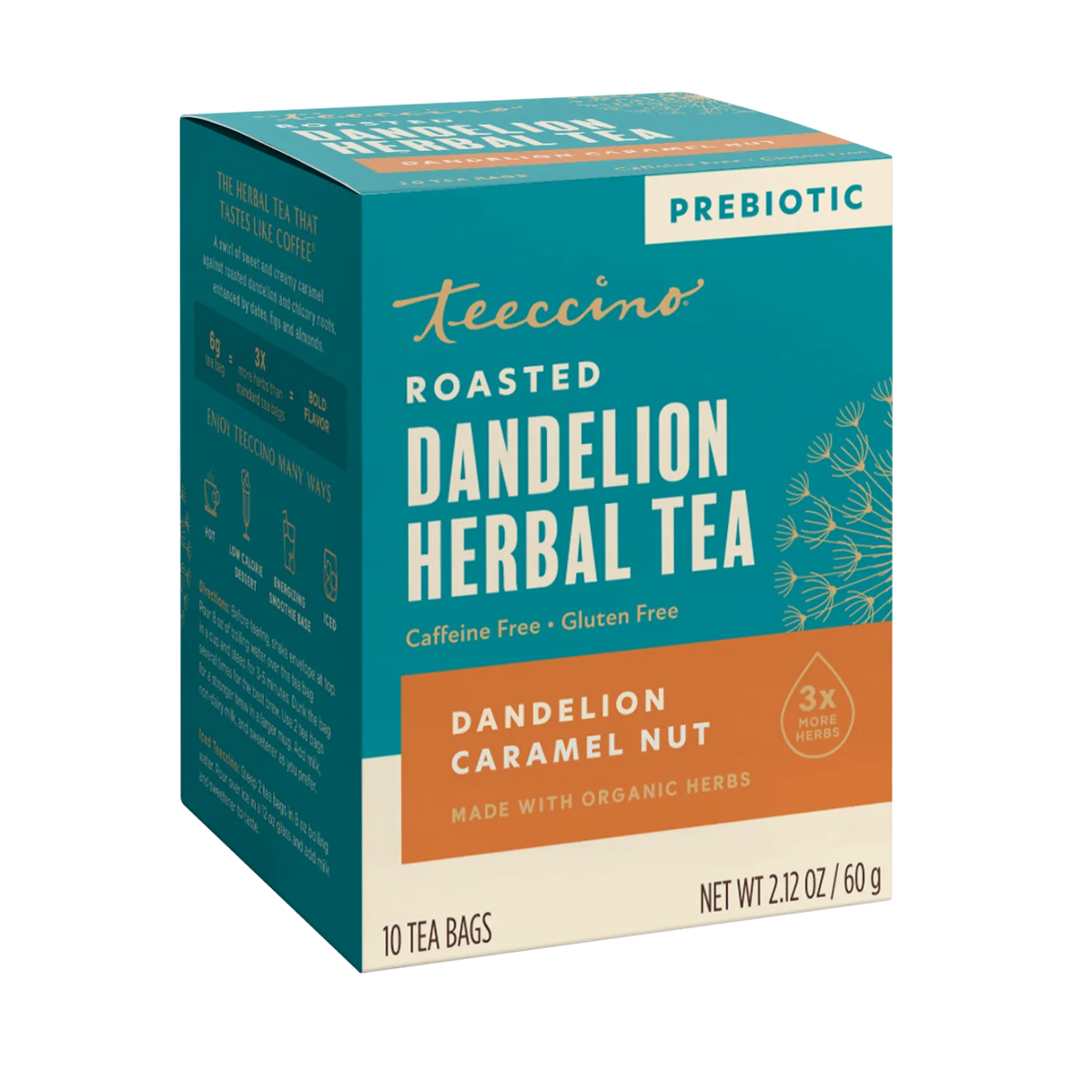 Roasted dandelion herbal tea box, caramel nut flavor, 10 tea bags