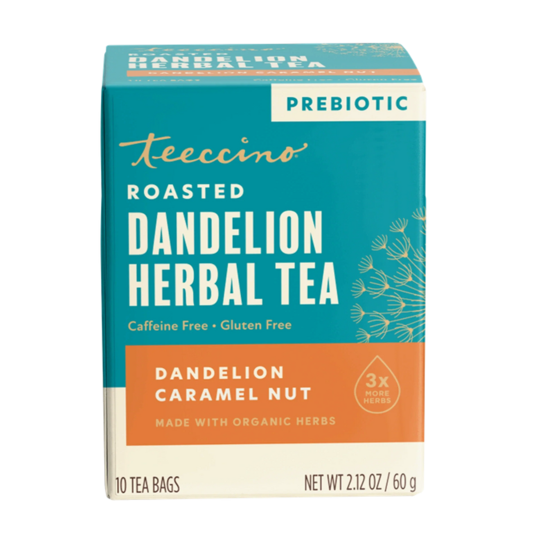 Teecino roasted dandelion herbal tea box, prebiotic, caramel nut flavor, 10 tea bags