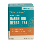 Teecino roasted dandelion herbal tea carton, caramel nut flavor, prebiotic label