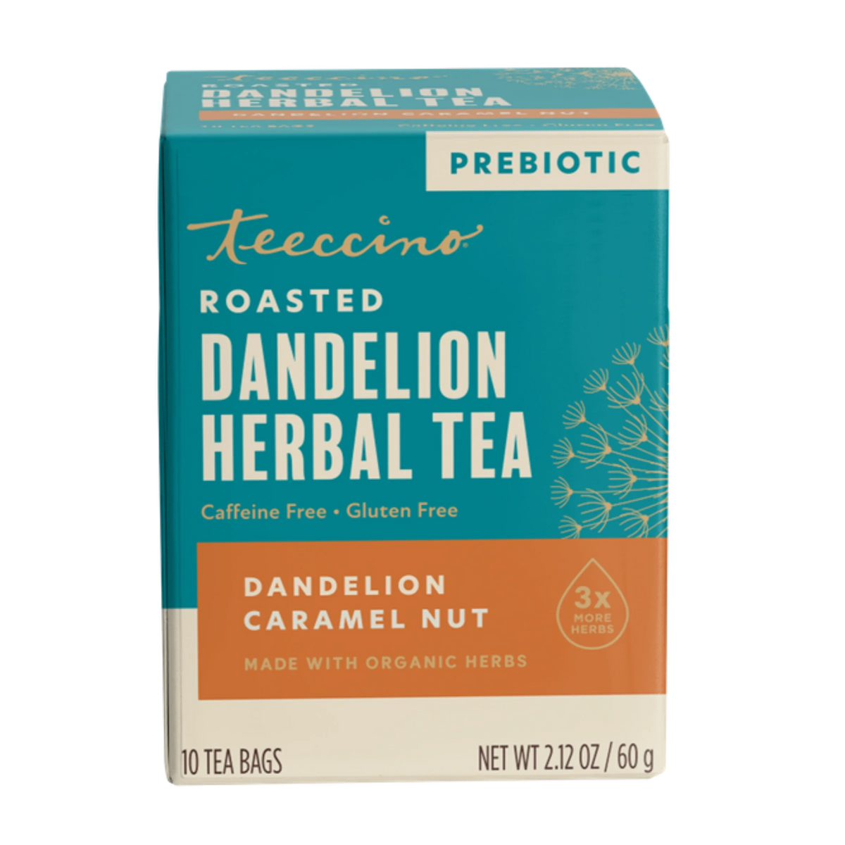 Teecino roasted dandelion herbal tea carton, caramel nut flavor, prebiotic label