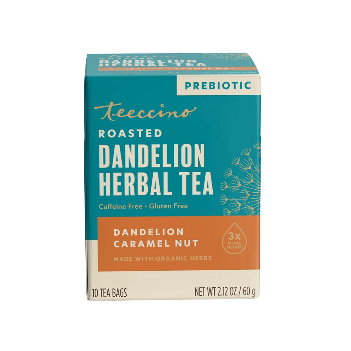Roasted dandelion herbal tea box front, caffeine free and gluten free
