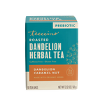 Roasted dandelion herbal tea box front, caffeine free and gluten free