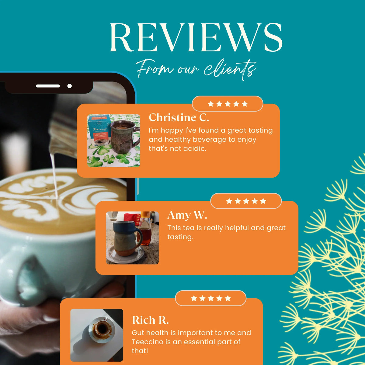 Teecino dandelion caramel nut roasted herbal tea review cards with star ratings