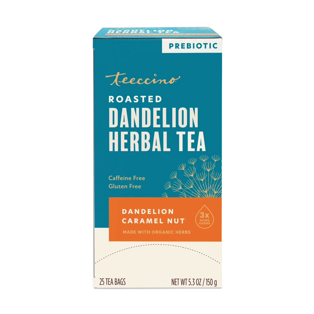 Teecino roasted dandelion herbal tea box, prebiotic, caramel nut, 25 tea bags