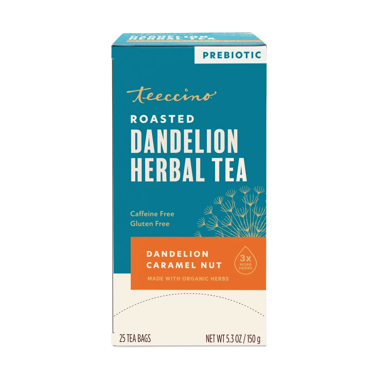 Teecino roasted dandelion herbal tea box, prebiotic, caramel nut, 25 tea bags