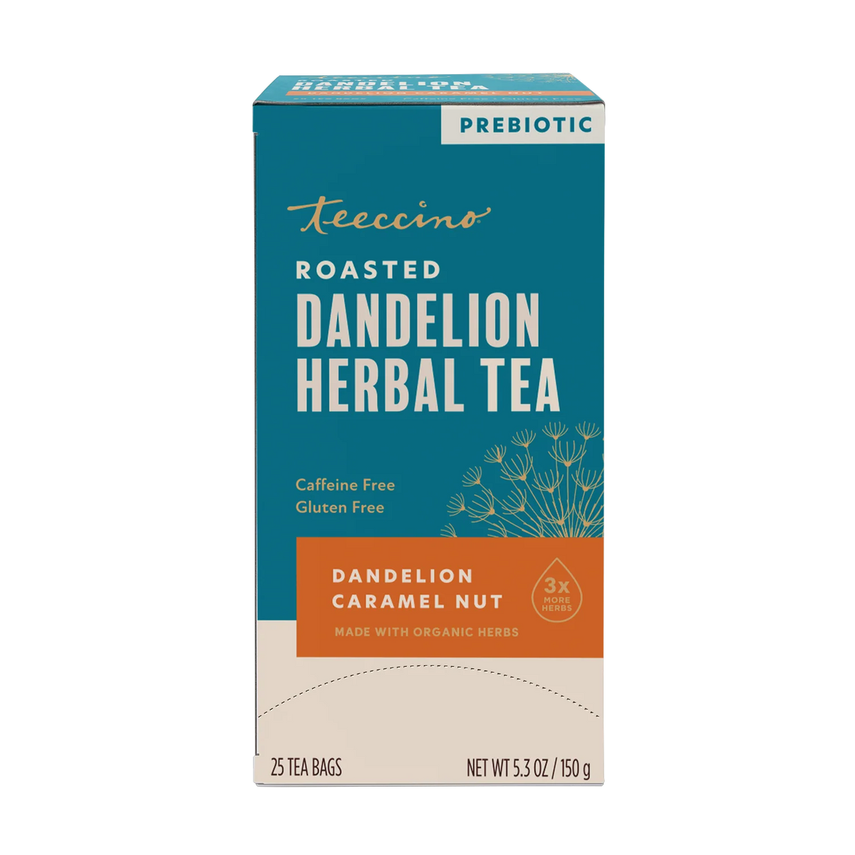 Teecino roasted dandelion herbal tea carton, caramel nut flavor, prebiotic