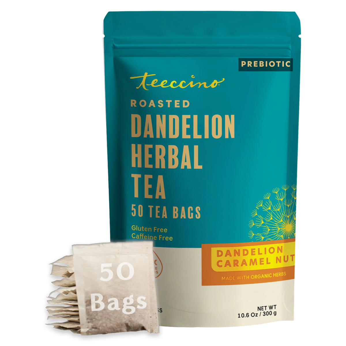 Roasted dandelion herbal tea 50 bags, caramel nut pouch with tea bag stack