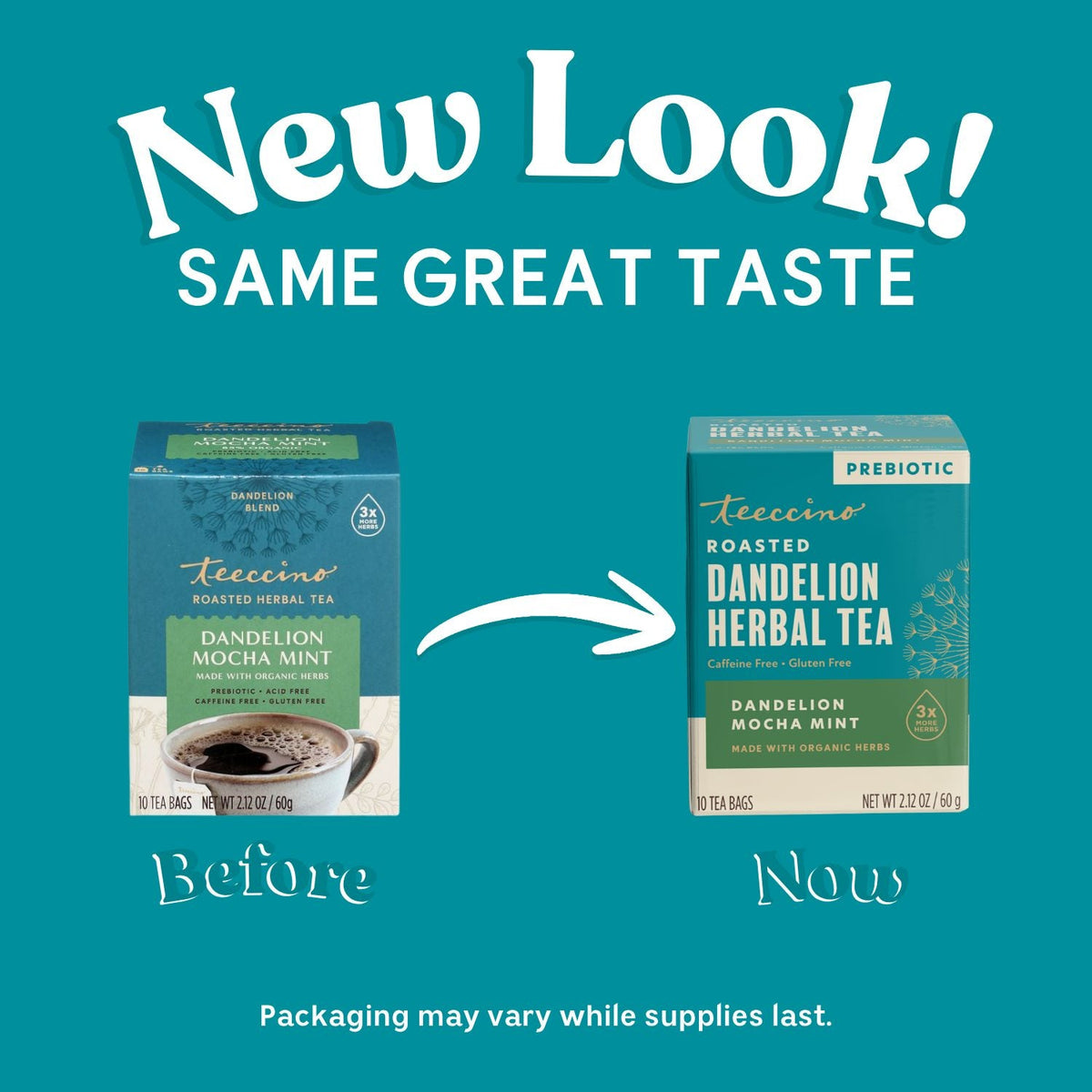 Teecino dandelion herbal tea packaging, two-box before/now layout
