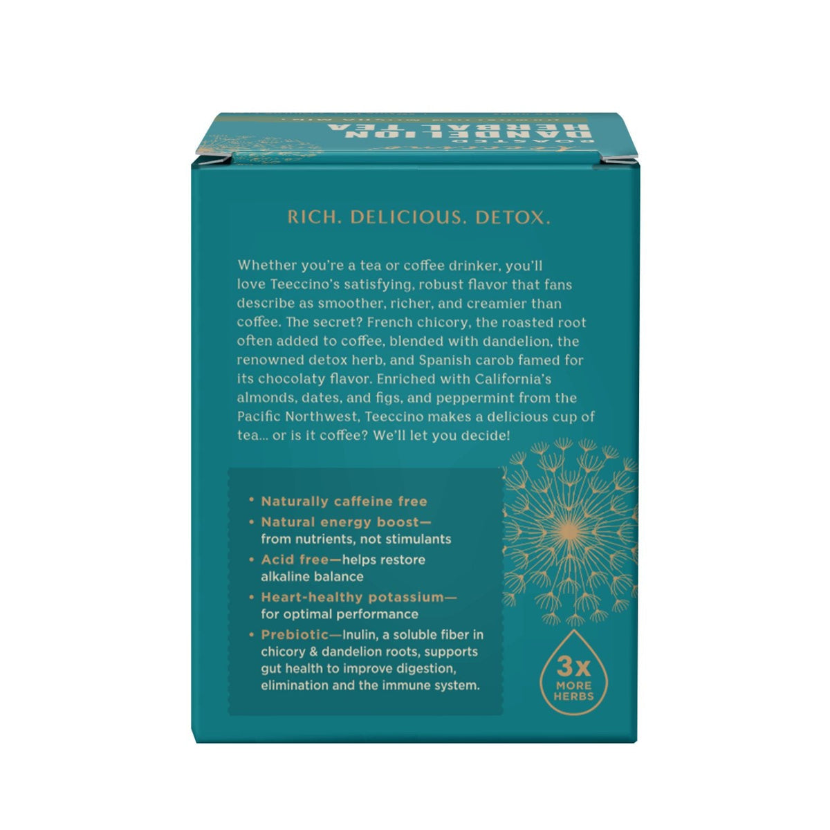 Teecino roasted dandelion herbal tea box back with product details