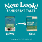 Roasted dandelion mocha mint herbal tea package comparison showing two boxes