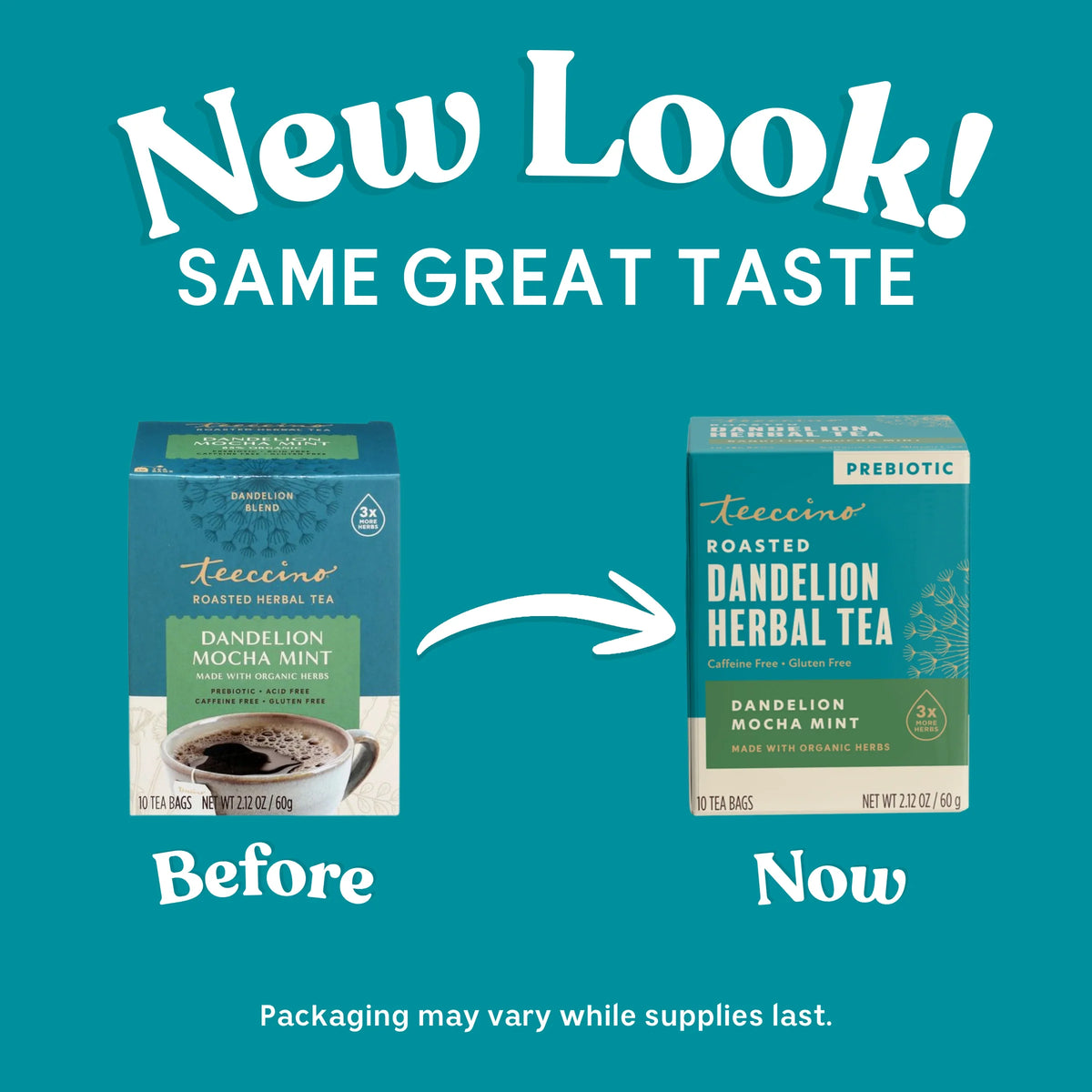 Roasted dandelion mocha mint herbal tea package comparison showing two boxes