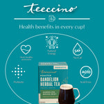Teecino dandelion herbal tea box with mug over health-benefit graphic